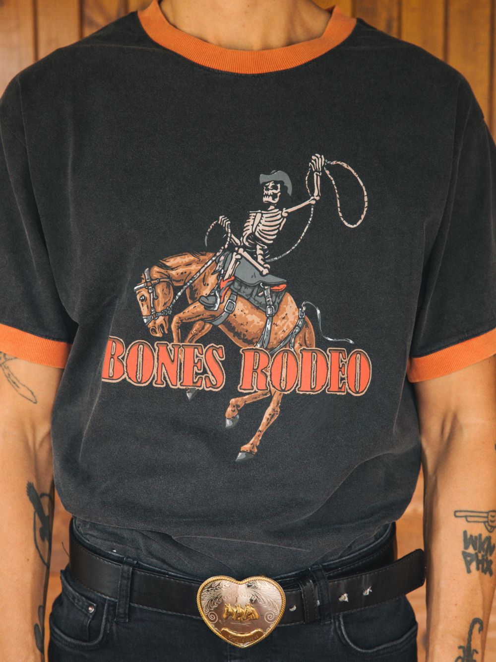 Bones Rodeo Ringer Tee - Washed Black/Red